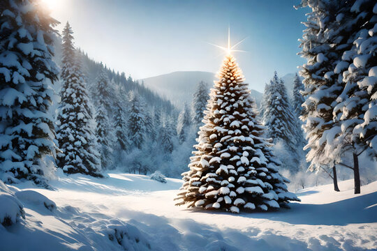 Christmas tree in winter landscape covered with snow like beautiful xmas holiday concept and beauty of season winter 