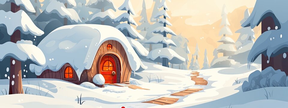 cute christmas house of gnomes or elves in winter landscape. Cartoon illustration.
