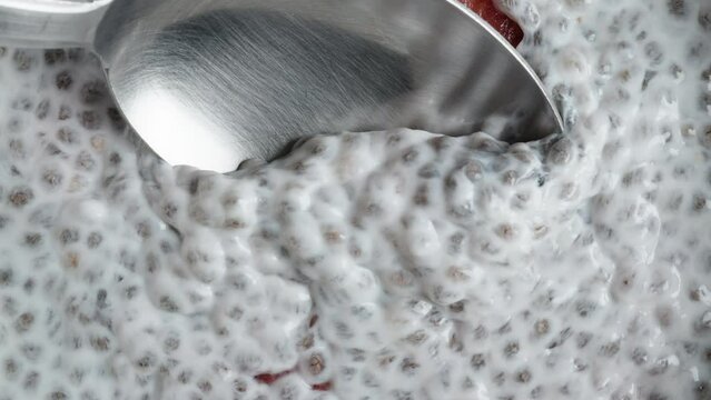 Chocolate Pudding with Chia Seeds and Strawberries. I Scoop a Spoonful with Chia.