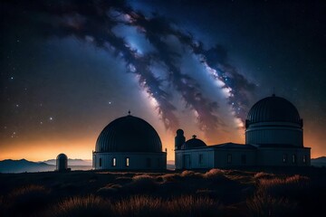 The Milky Way stretching across the night sky, the silhouette of an observatory dome, the...
