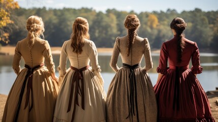 Rear View Participants dressed in historical attire vividly bring the past to life, engaging audiences in immersive reenactments. Generative AI