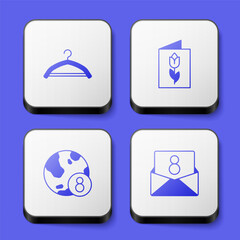 Set Hanger wardrobe, Greeting card with 8 March, International Women Day and Envelope icon. White square button. Vector