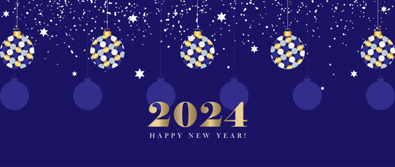 Fototapeta premium New Year and Christmas blue banner, poster, card, background. Vector background with golden Christmas balls, snow and text. 2024 New Year.