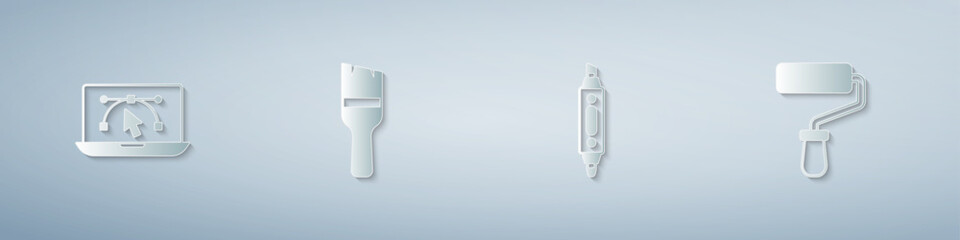 Set Computer with design program, Paint brush, Marker pen and roller. Paper art style. Vector