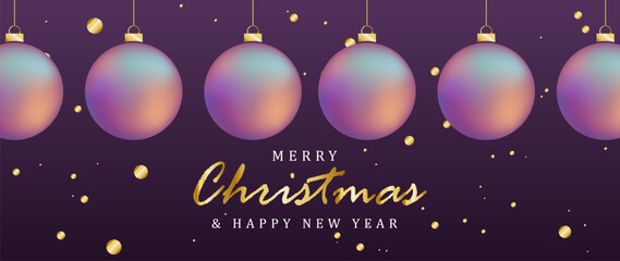 Fototapeta na wymiar New Year and Christmas purple banner, poster, card, background. Vector background with Christmas balls, gold sparkles and text. 2024 New Year.