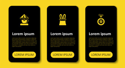 Set Unicycle, Magician hat and rabbit ears and Attraction carousel. Business infographic template. Vector © Iryna