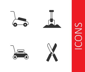 Set Gardening scissors, Lawn mower, and Shovel icon. Vector