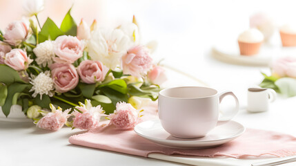 Fototapeta na wymiar Elegant Table Setting with Flowers and Coffee Cup