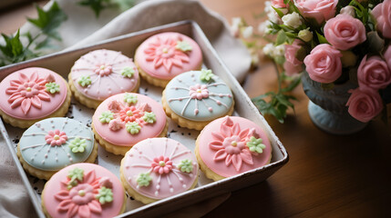 Fototapeta premium Decorated Cookies and Pink Roses