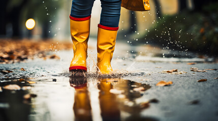 Person in Yellow Rain Boots Splashing in a Puddle, Autumn Setting