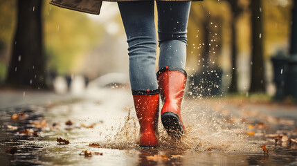Puddle Splashing with Red Boots in Rainy Autumn Weather