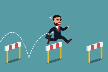 Businessman jumping over obstacles. Overcome obstacles to achieve better goals. A good businessman who never gives up and overcomes obstacles. Business concept. Vector illustration