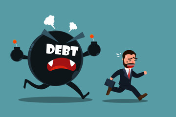 A businessman flees from a debt monster who is chasing after a bomb. Being in debt causes fear and suspicion. Business debt concept - obrazy, fototapety, plakaty
