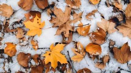 Fototapeta premium Autumn Leaves on Snow Background Texture