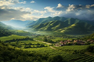 A picturesque vineyard amidst mountainous landscapes. Generative AI