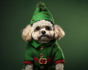 A small white purebred dog dressed as a green elf, Santa Claus's assistant on a green background. Christmas and Halloween concept. Isolated, copy space. Design for banner, cards, posters. AI generated
