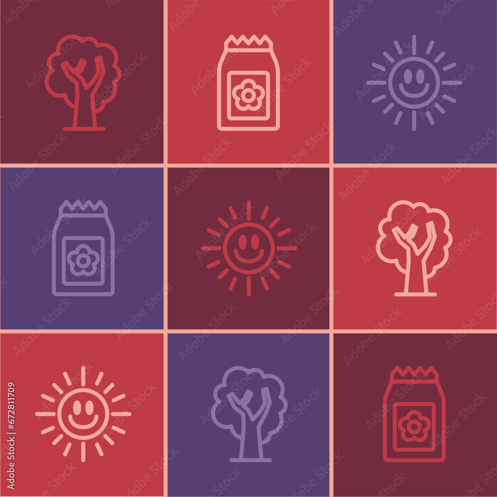 Wall mural Set line Tree, Sun and Pack full of seeds icon. Vector