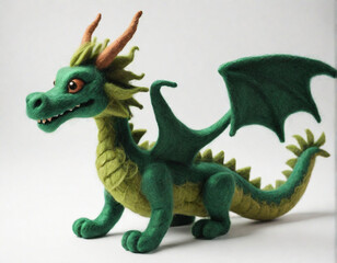 Green Wooden Dragon from felting on a white background