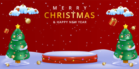 Merry Christmas and Happy New Year background. sale promotion poster banner with product display and festive decoration red background.