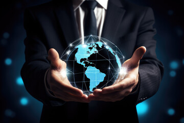 Power of global connectivity as a businessman interacts with a digital globe. Concept of worldwide data exchange and the seamless flow of information across the globe.