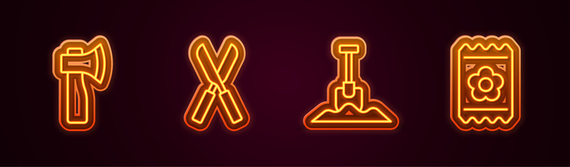 Set line Wooden axe, Gardening scissors, Shovel and Pack full of seeds. Glowing neon icon. Vector