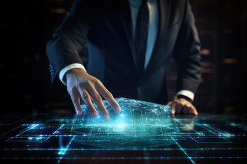 Science and technology as a businessman interacts with a digital hologram. Concept for innovation, big data, and the future of data analysis in the corporate world.