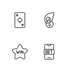 Set line Online sports betting, Casino win, Playing card with spades symbol and Hand holding casino chips icon. Vector