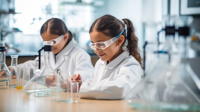 Group of students at laboratory for science test, education at school