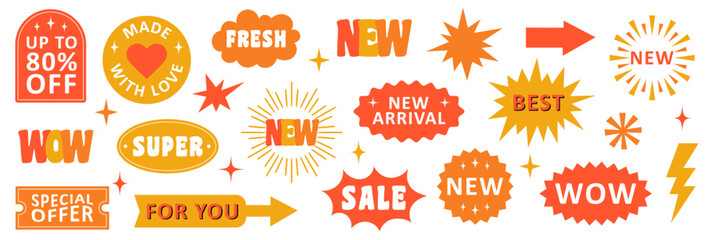 Set of retro patches, labels, tags, stickers, stamps for shopping. Abstract geometric shapes with text. Isolated vector illustration