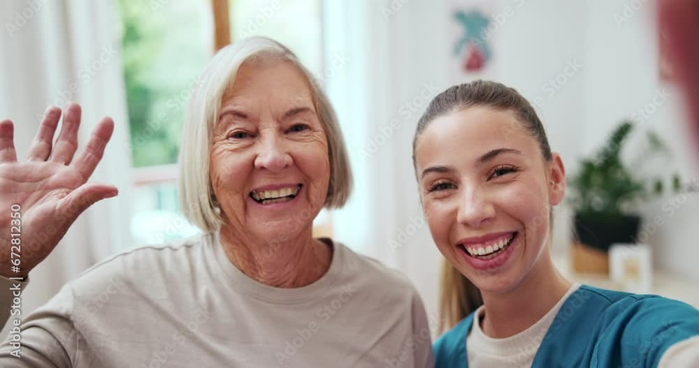 Sticker Video call, wave and senior woman with nurse in home, smile and communication. Hello, happy caregiver and elderly person in webinar, face portrait and online chat, virtual consultation and healthcare