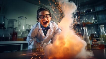 Children at laboratory for science test, Laughing for blast and smoke