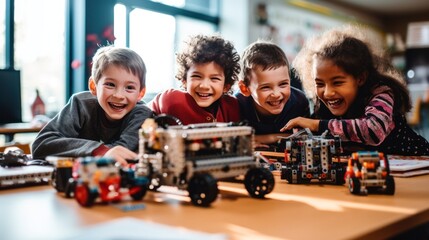 Enthusiastic kids of different nationality working on technology project at school making artificial intelligence toys, robotics