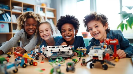 Enthusiastic kids of different nationality working on technology project at school making artificial intelligence toys, robotics