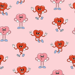 Seamless pattern of groovy hearts characters. Cartoon characters in trendy retro style on pink background. Vector illustration