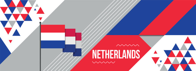 Fototapeta premium Netherlands national or independence day banner design for country celebration. Flag of Nederland with modern retro design and abstract geometric icons. Vector illustration.