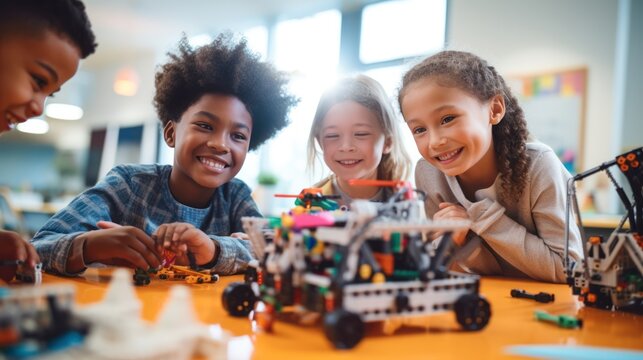 Enthusiastic kids of different nationality working on technology project at school making artificial intelligence toys, robotics