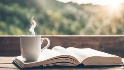 A casual holiday with hot coffee in a white coffee mug put on the book with the warm morning sunshine from the window to feel relaxed good for relaxing - obrazy, fototapety, plakaty