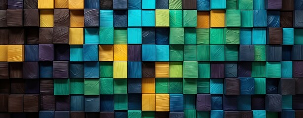 Fototapeta premium Wooden blocks, squares, cubes in green, turquoise and yellow colors for a wall texture. Grain and structure of wood. Wide format. Colorful cubes covering backdrop.
