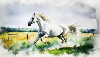 Horse running painting, watercolor style