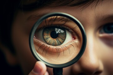 Child's eye seen through a magnifying glass
