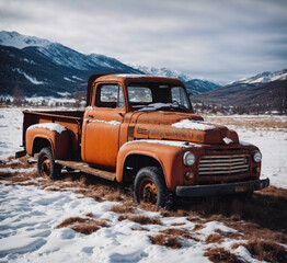 Old vintage truck in the snow.