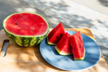 Freshly cut watermelon slices. Watermelon slices at a lunch.