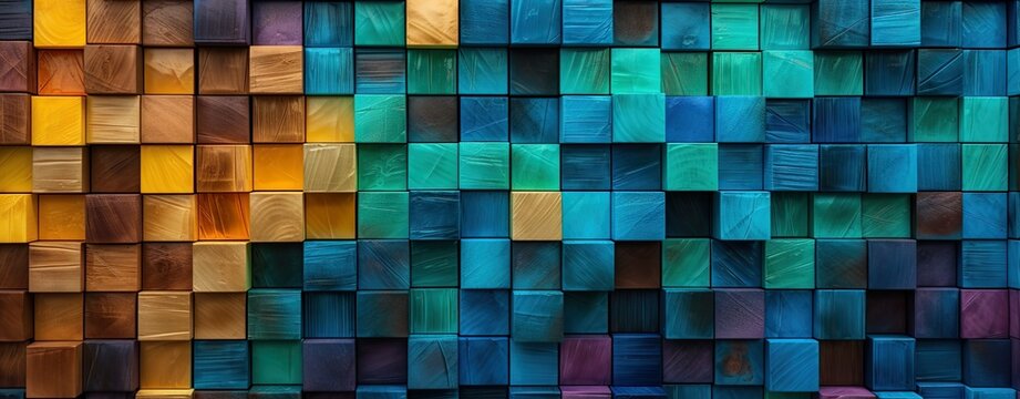 Wooden blocks, squares, cubes in green, turquoise and yellow colors for a wall texture. Grain and structure of wood. Wide format. Colorful cubes covering backdrop.