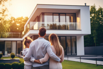 Happy family as they purchase their dream home, hugging in front of their new modern house. Concept of home ownership and the fulfillment of a housing dream. - obrazy, fototapety, plakaty