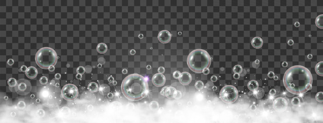 Air bubbles on a transparent background. Soap foam vector illustration.	

