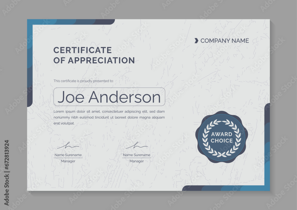 Wall mural a4 blue minimalist certificate of appreciation and achievement design template