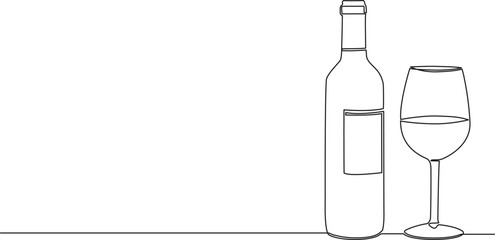 continuous single line drawing of bottle of wine and wine glass, line art vector illustration