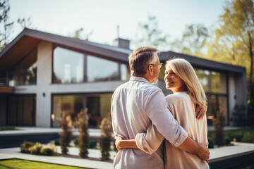 Fulfillment of dreams as a mature couple embraces in front of their new big modern house. Concept of homeownership, the joy of family life, and the realization of a housing dream. - obrazy, fototapety, plakaty