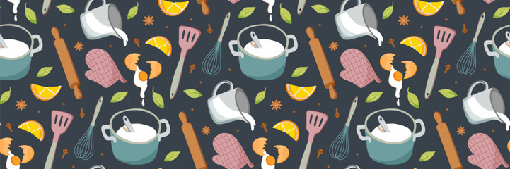 Pattern with Food icons and elements. Cookbook stickers, cute home menu. background for cooking.