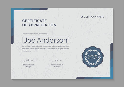 a4 blue minimalist certificate of appreciation and achievement design template